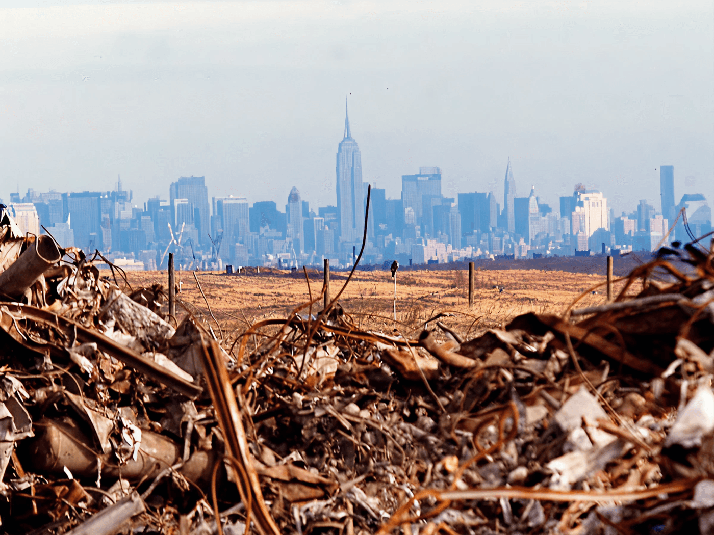 New York skyline seen across a scrapyard